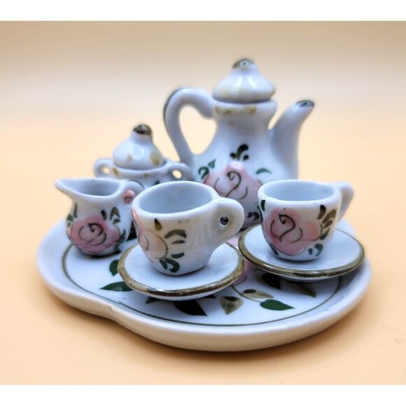 Miniature Porcelain Tea Set With Pink Floral Design & Gold Accents jj3655 - Picture 4 of 8